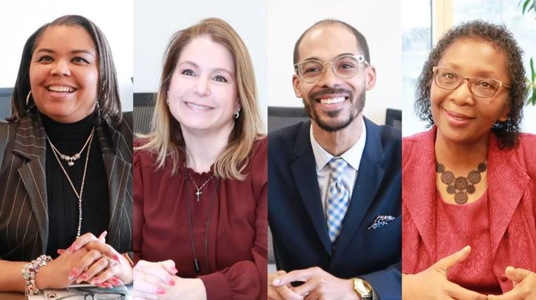 A collage of four smiling professionals: two women and two men, seated in an office setting.